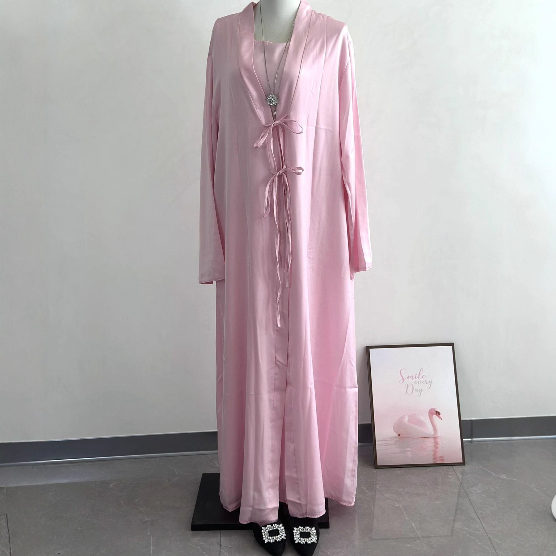 K113  Satin Tie-Front Open Abaya + Inner Dress Set - No Hijab