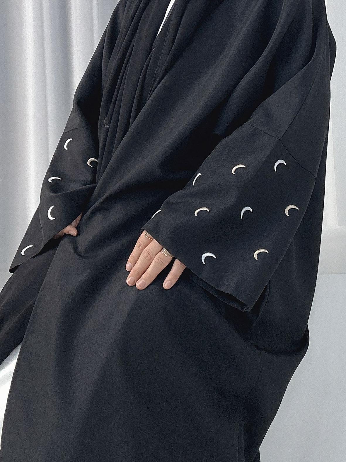 YLCX  Plain elegant long dress – cardigan style, moon embroidery