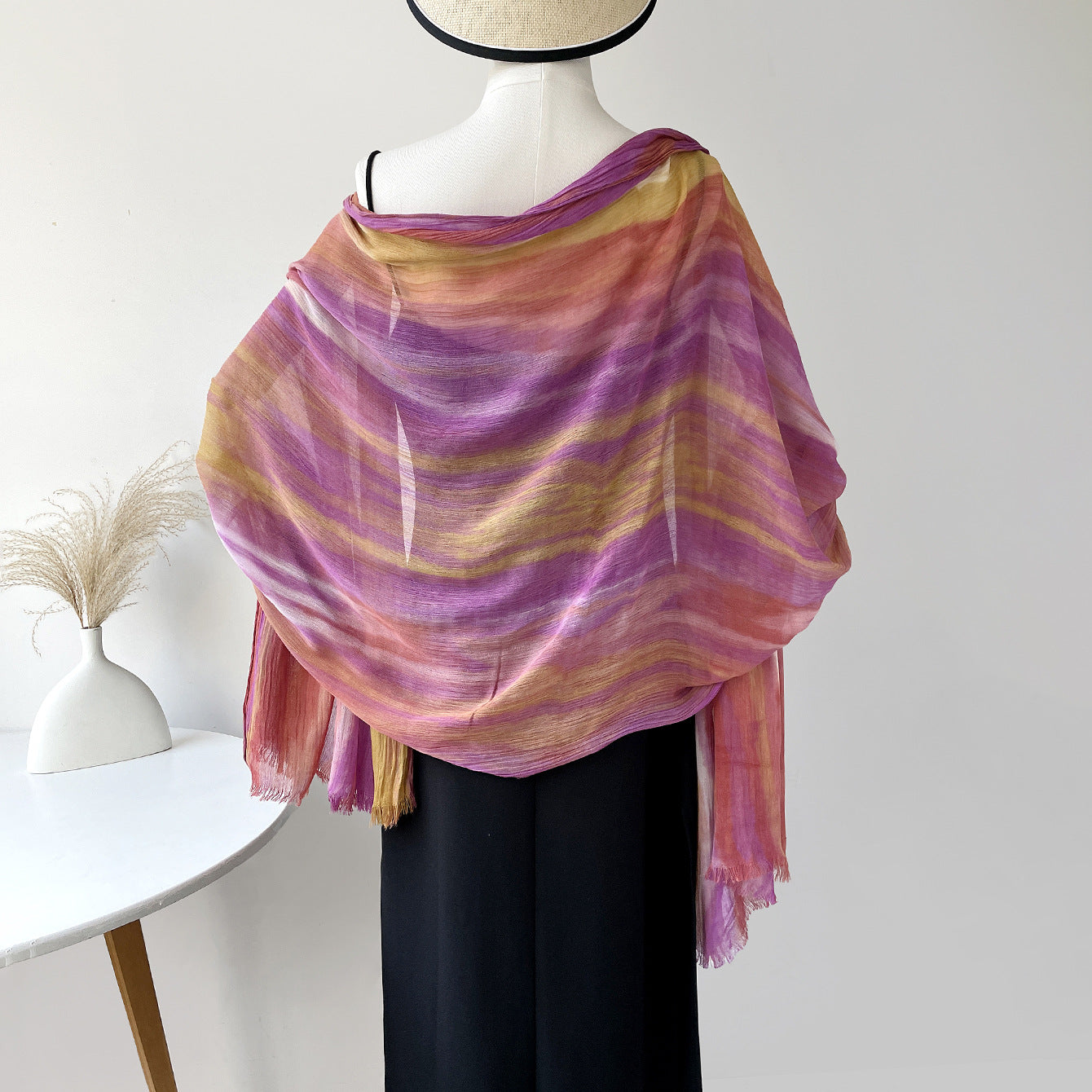 SS007  Gradient Rainbow Collection Short Tassel Crinkled Hijab