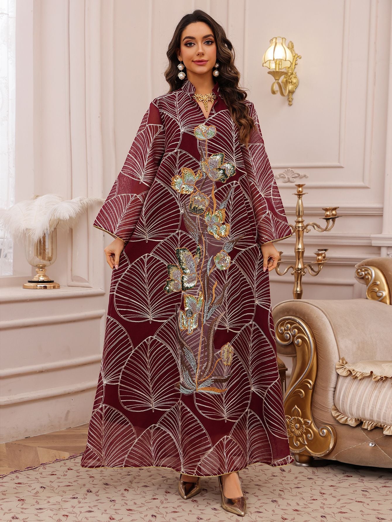 AB485  Mesh Embroidered Maxi Dress Ethnic Women's Clothing