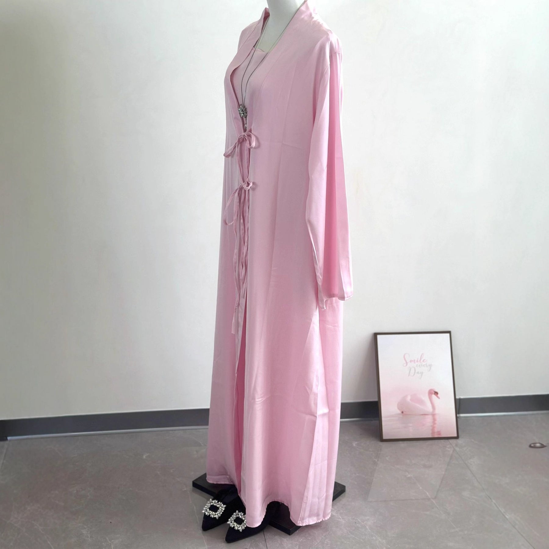 K113  Satin Tie-Front Open Abaya + Inner Dress Set - No Hijab