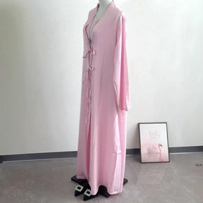 K113  Satin Tie-Front Open Abaya + Inner Dress Set - No Hijab