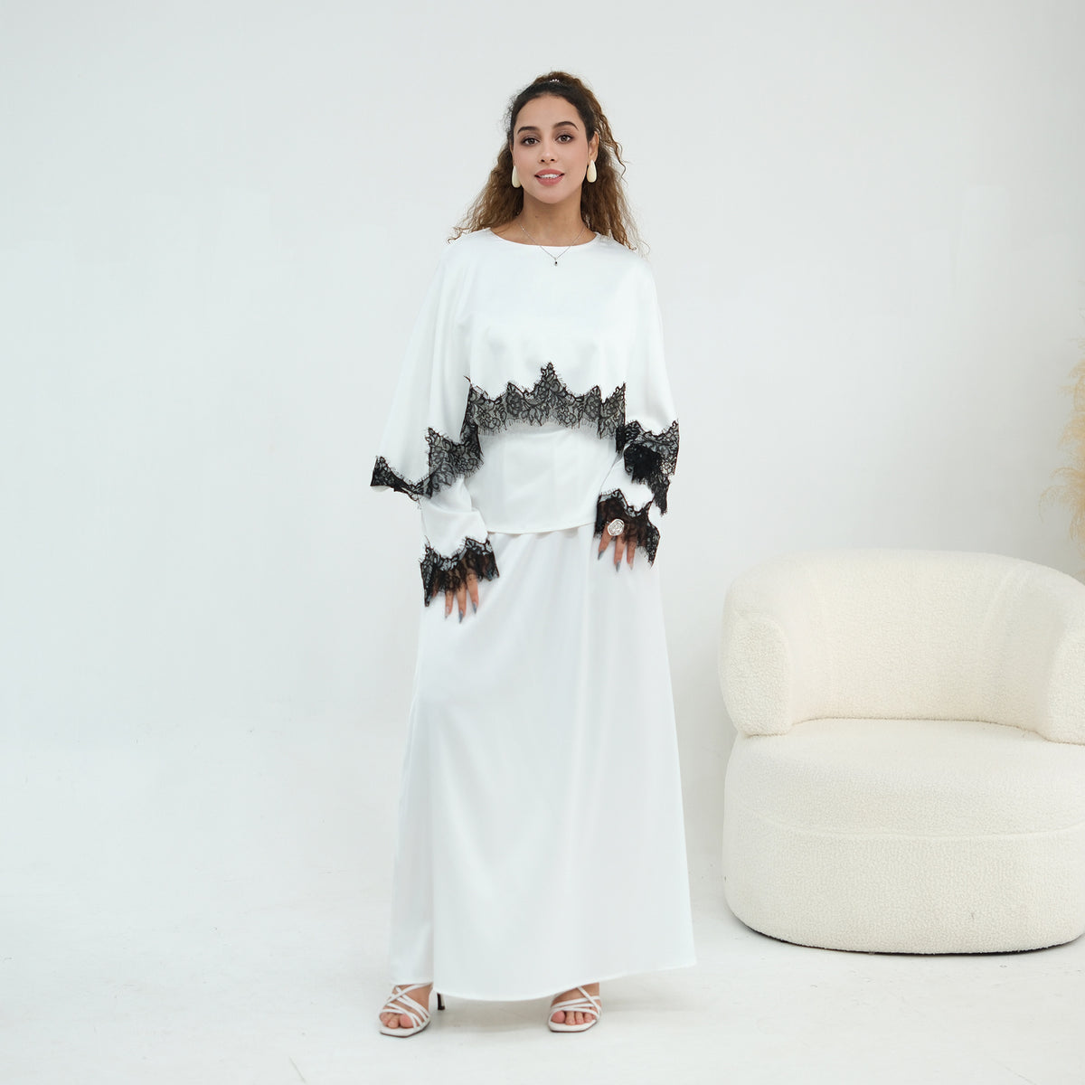 LR1178  Lace-Trim Polyester Top with Shawl & Skirt Set - Sold Separately