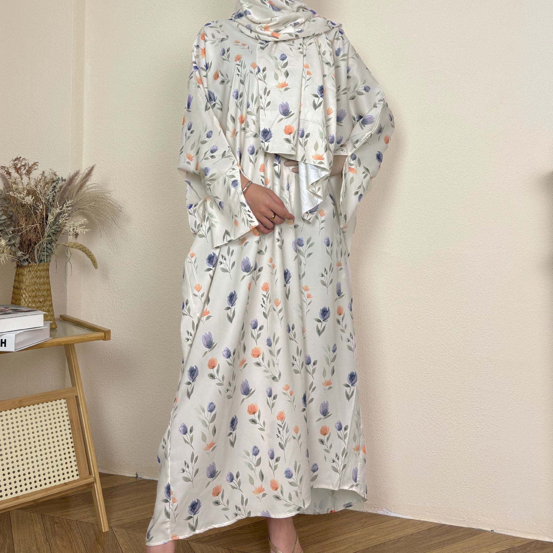 SMYH  Slim-fit Casual Long Versatile Printed Abaya + Hijab Set