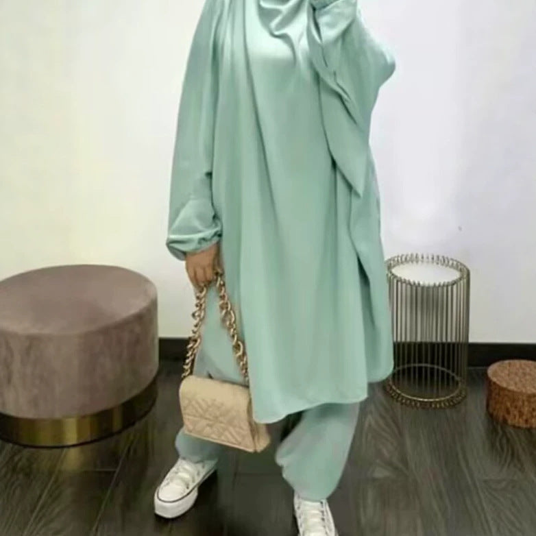P103  Plain 2-Piece Loose Long Sleeve Top Hijab and Tied Pants Set