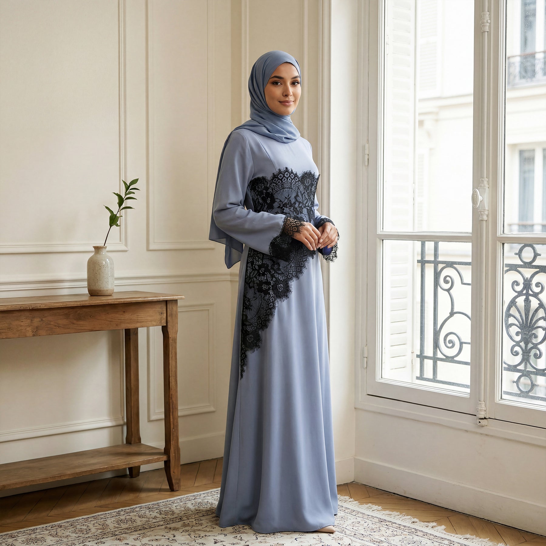 LR1174  Plus size lace panel long sleeve waist-cinching dress