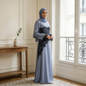 LR1174  Plus size lace panel long sleeve waist-cinching dress