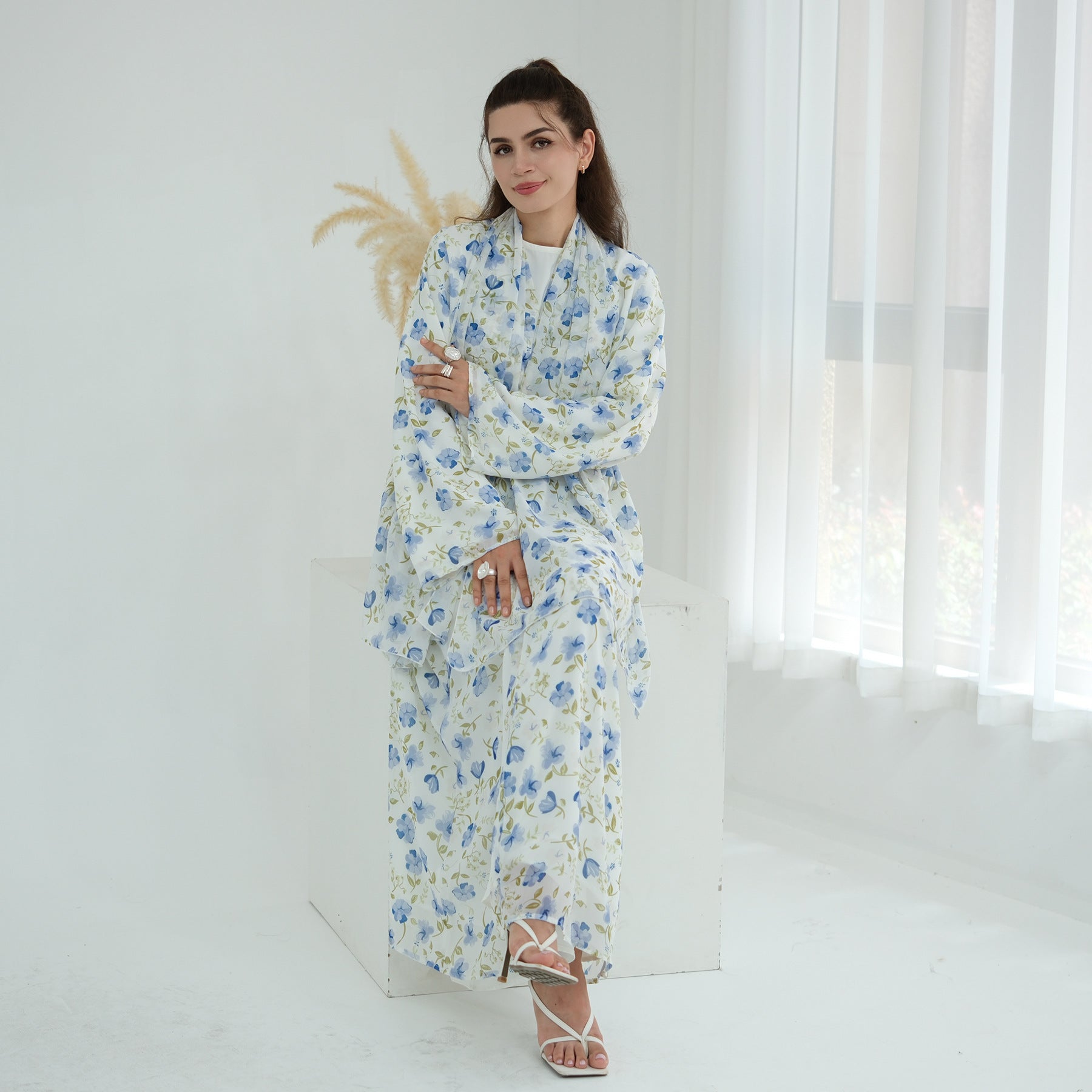 LR1067  Printed Chiffon Lined Open Abaya + Hijab Set