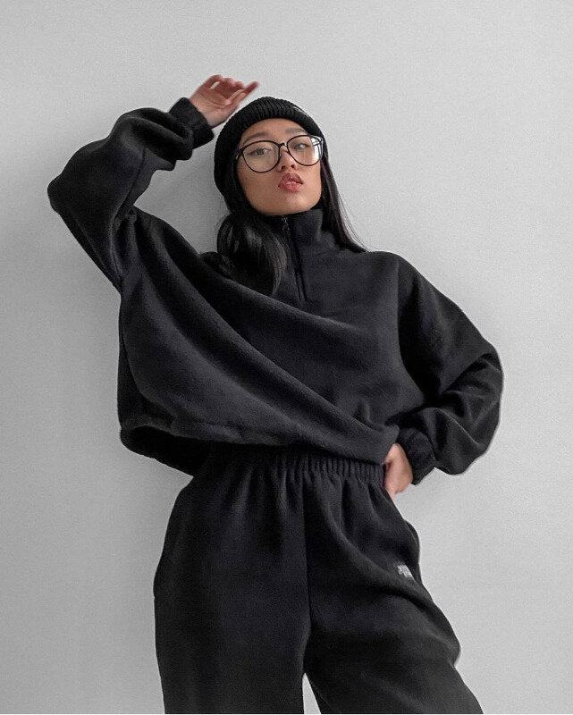 PP5972 Spring Autumn Plain Loose Zip Up Stand Collar Sweatsuit 2-Piece Set Abaya