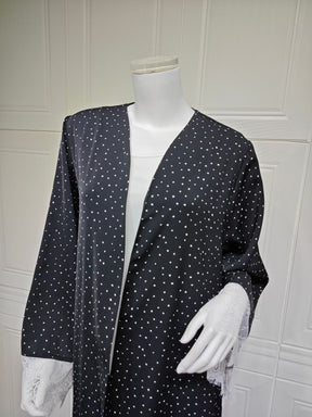 MQ259  Lace Trim Polka Dot Print Abaya Cardigan with Hijab Set