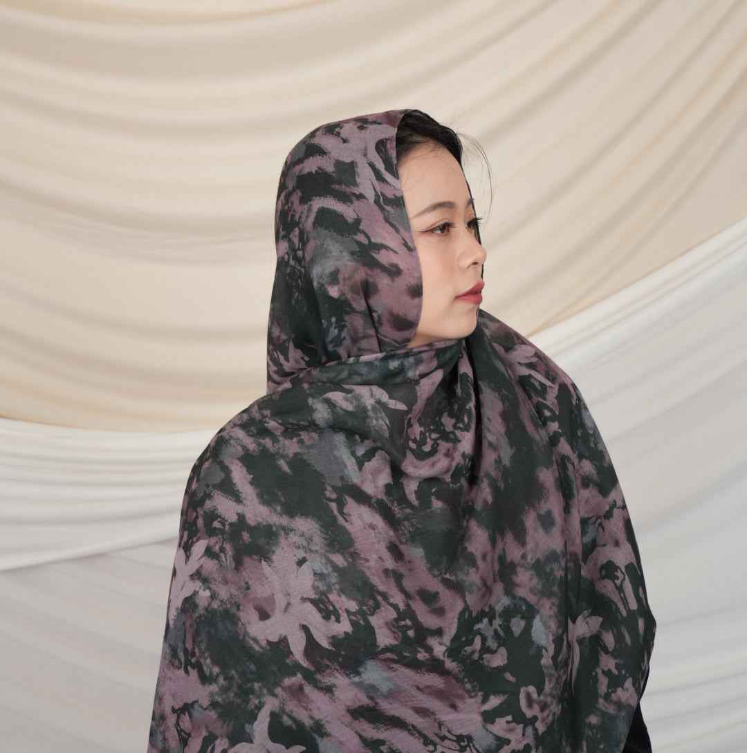 MD017  Modal Polyester Cotton Blend Floral Tie-Dye Single-Needle Hijab