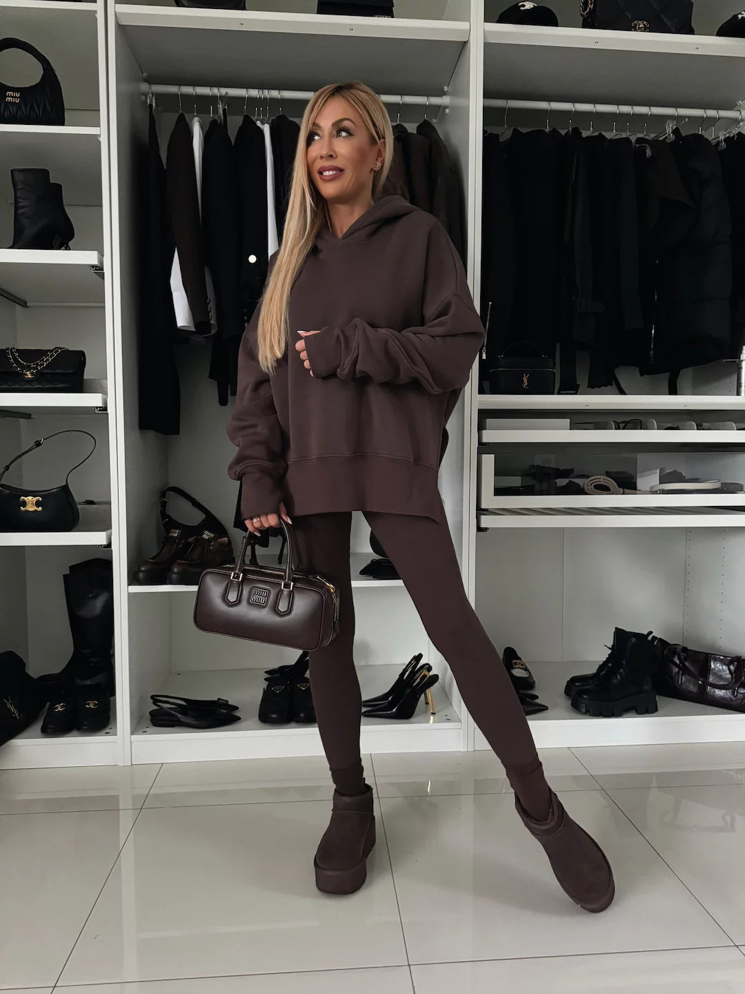 M80070  Women's Plain Printed Hooded Sweatsuit Autumn Winter Set