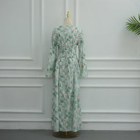 LR1373  Elegant Floral Center Print Double-Layer Polyester Tie Waist Dress
