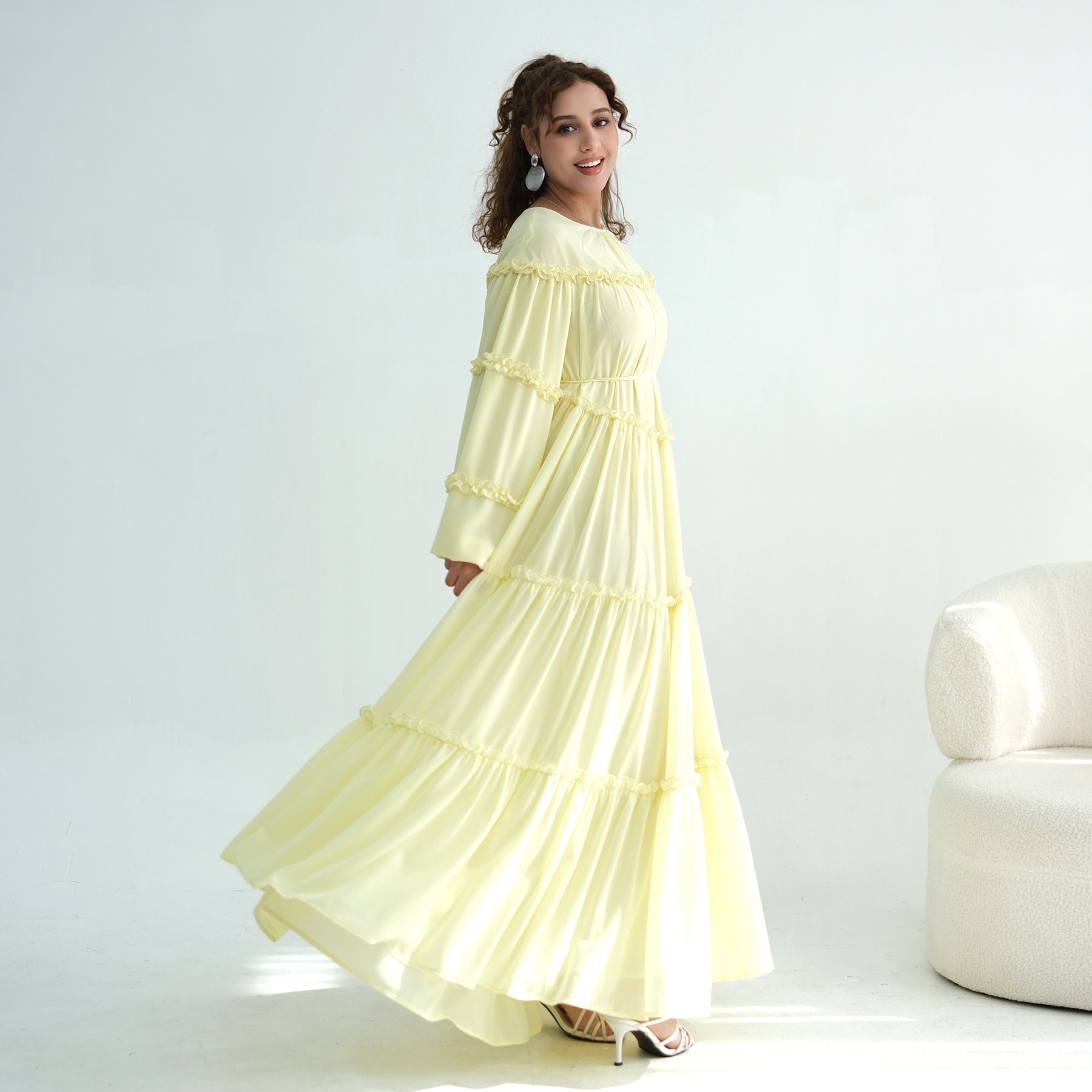 LR1161  Long Sleeve Tiered Ruffle Double Layer Dress