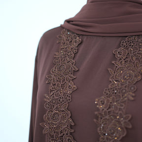 LR1191  Plain Nida Gold Foil Lace Open Abaya + Inner Layer + Hijab Set