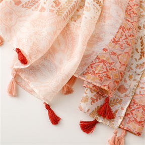 SL2202-009  Women's Ethnic Cotton Linen Feel Scarf with Wheat Ears Tassels