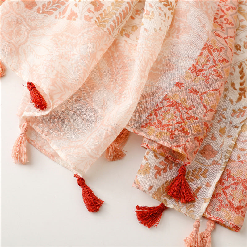 SL2202-009  Women's Ethnic Cotton Linen Feel Scarf with Wheat Ears Tassels