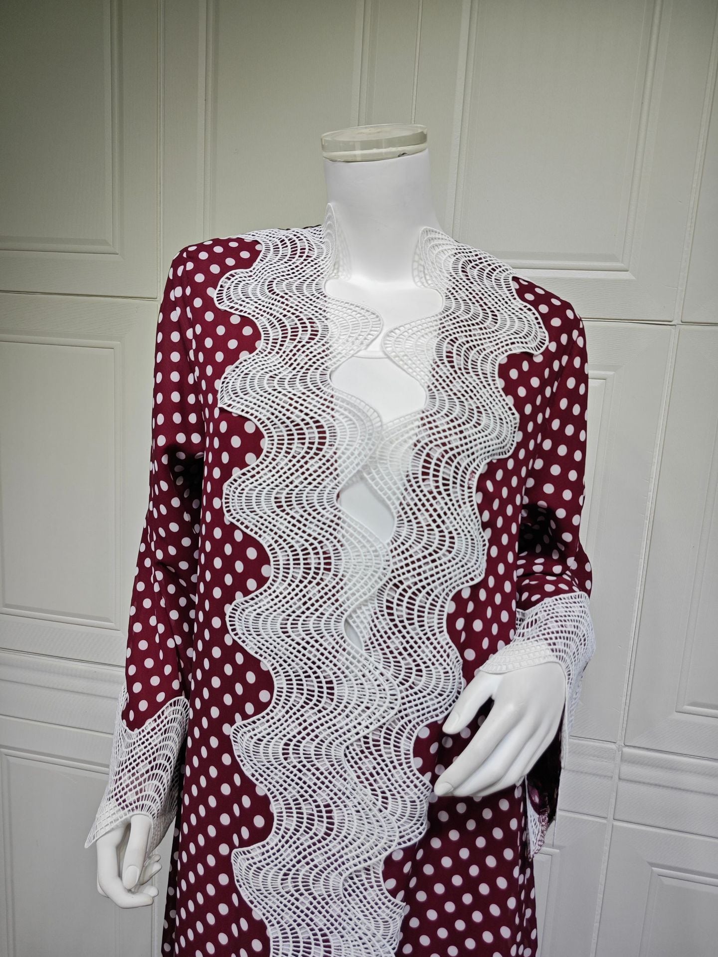 MQ297  Red Polka Dot Chiffon Wavy Lace Cardigan + Hijab Set