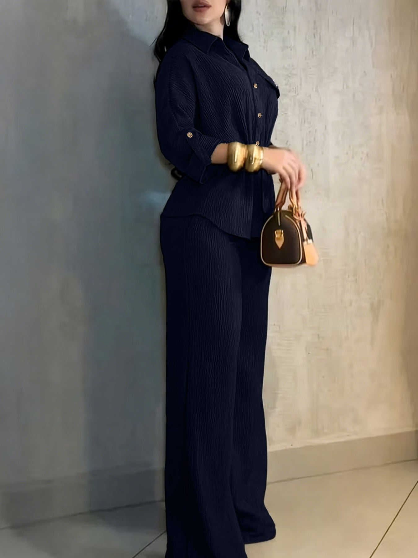 HC55359  Women's Lapel Button Shirt & Drawstring Wide-Leg Pants Set
