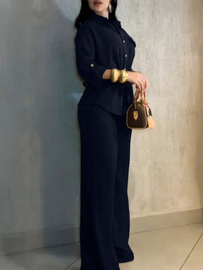 HC55359  Women's Lapel Button Shirt & Drawstring Wide-Leg Pants Set