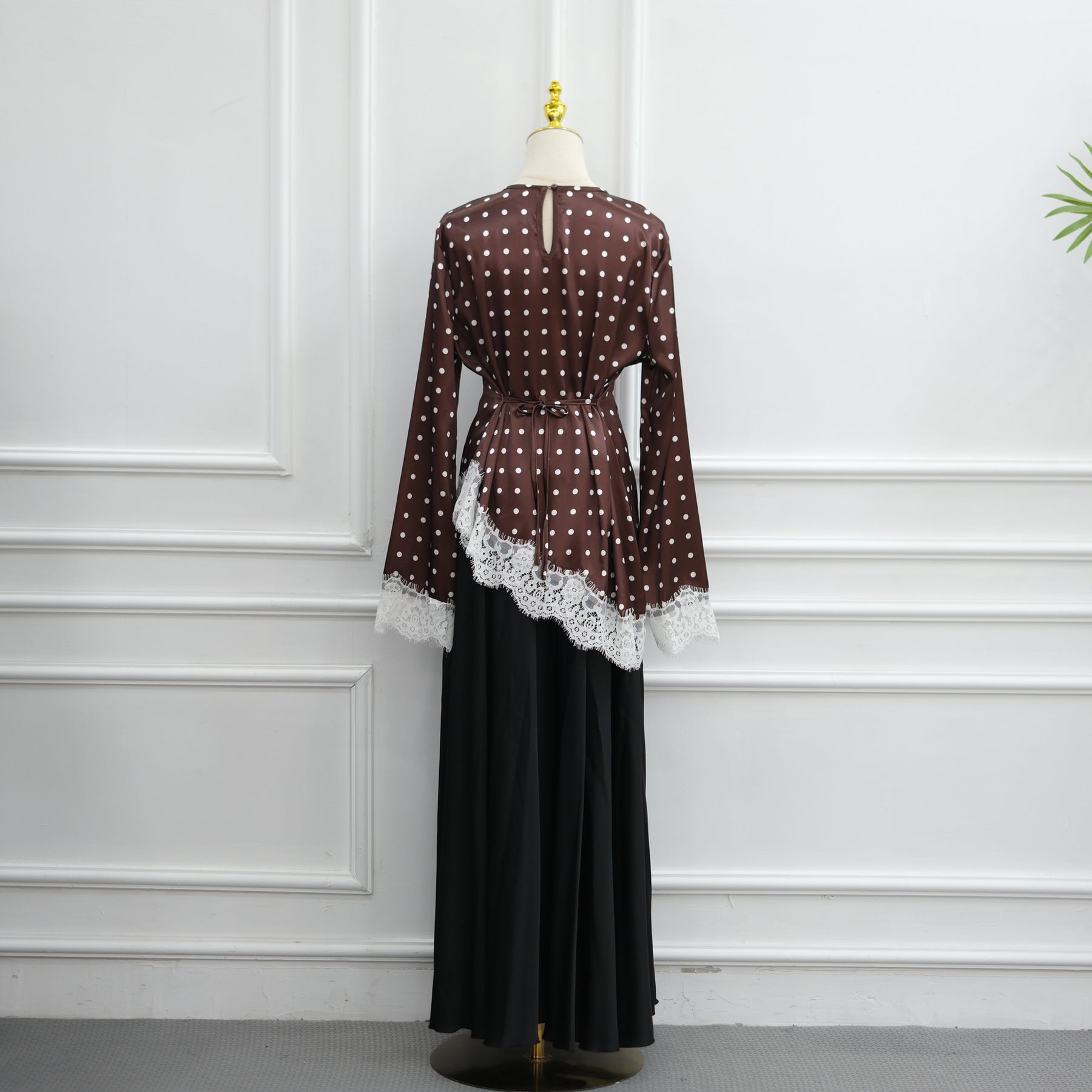LR1357&LR1185  Lace Panel Polka Dot Polyester Top + Skirt Set