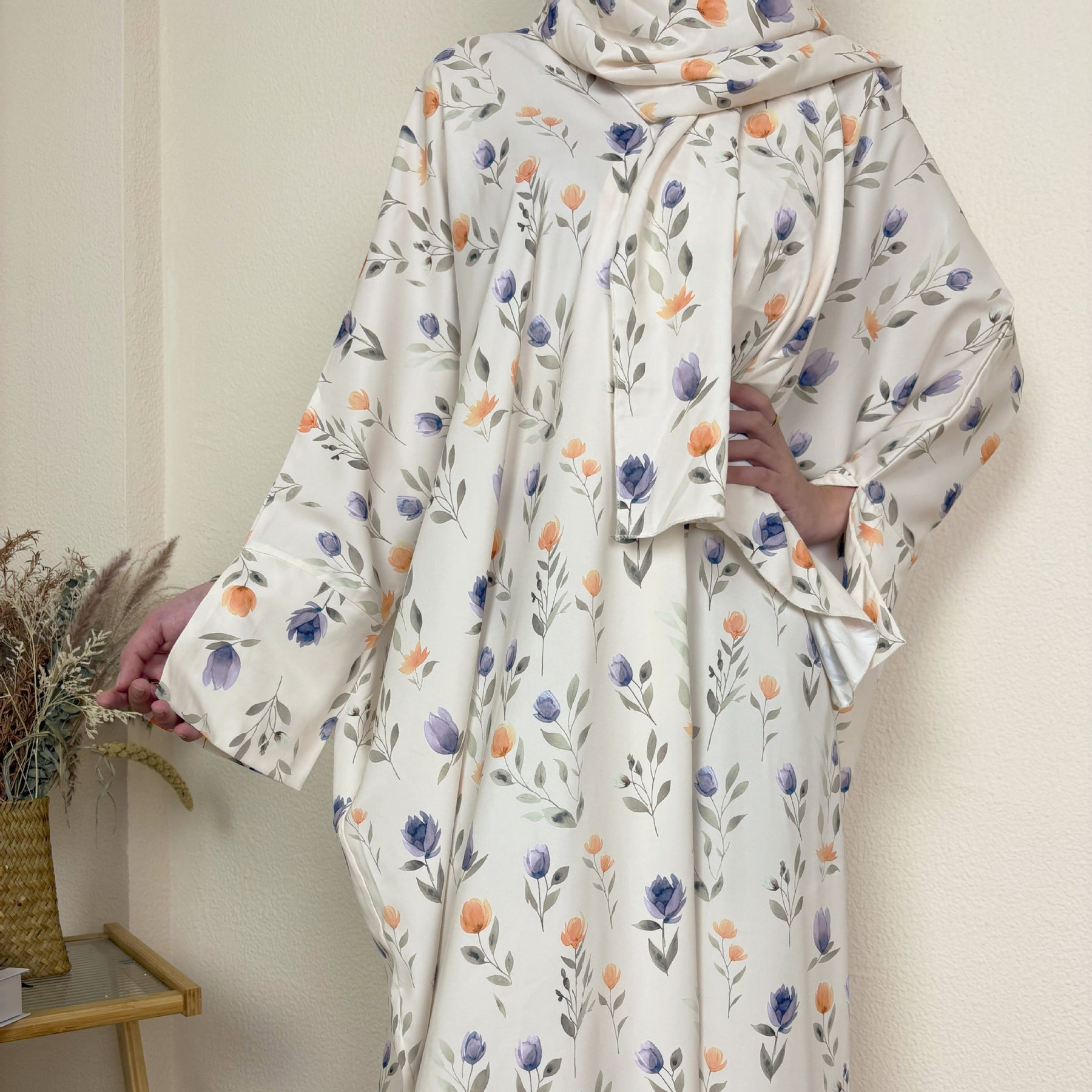 SMYH  Slim-fit Casual Long Versatile Printed Abaya + Hijab Set