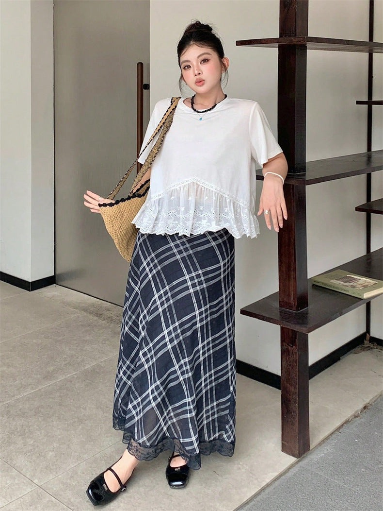 DM3351  Elastic-Waist Diamond Pattern Polyester Lace-Trim Maxi Skirt