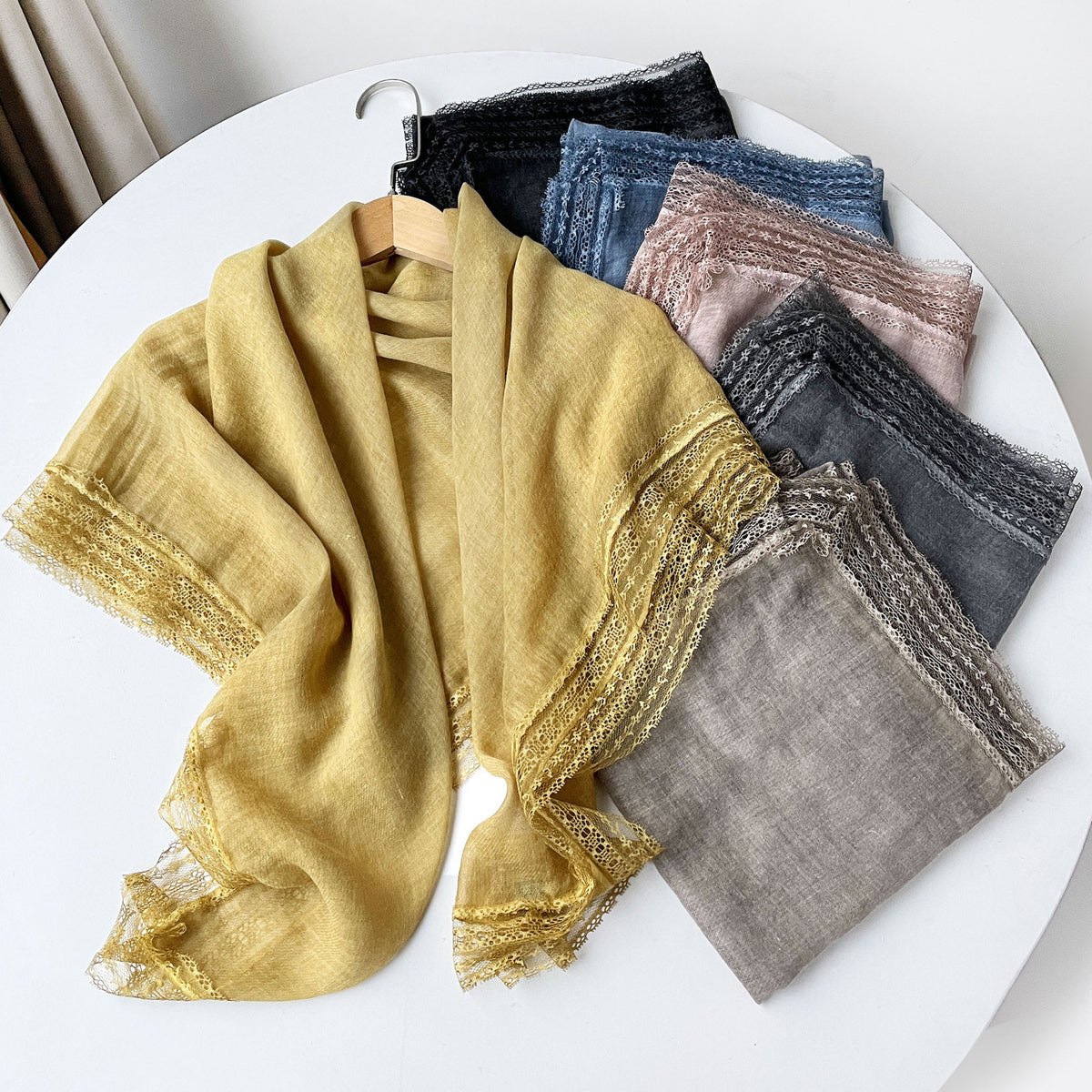 SS006  Plain Lightweight Lace Trim Polyester-Cotton Square Scarf