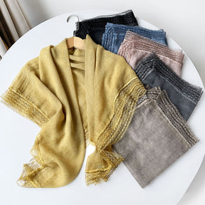 SS006  Plain Lightweight Lace Trim Polyester-Cotton Square Scarf