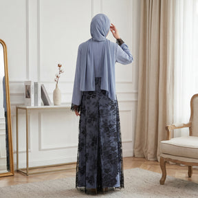 LR1174  Plus size lace panel long sleeve waist-cinching dress