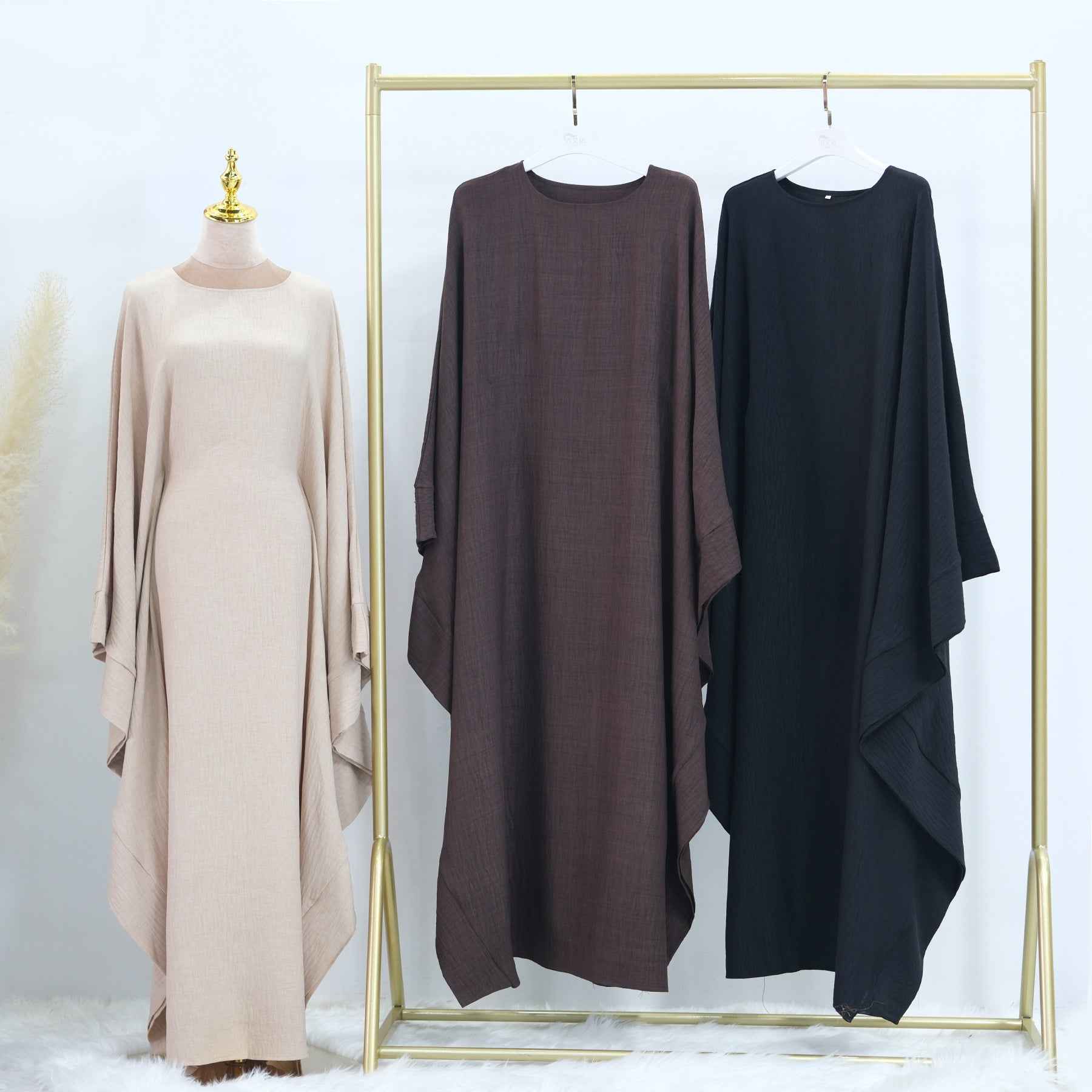LR719 Abaya Dress with Draped Waist & Batwing Sleeves
