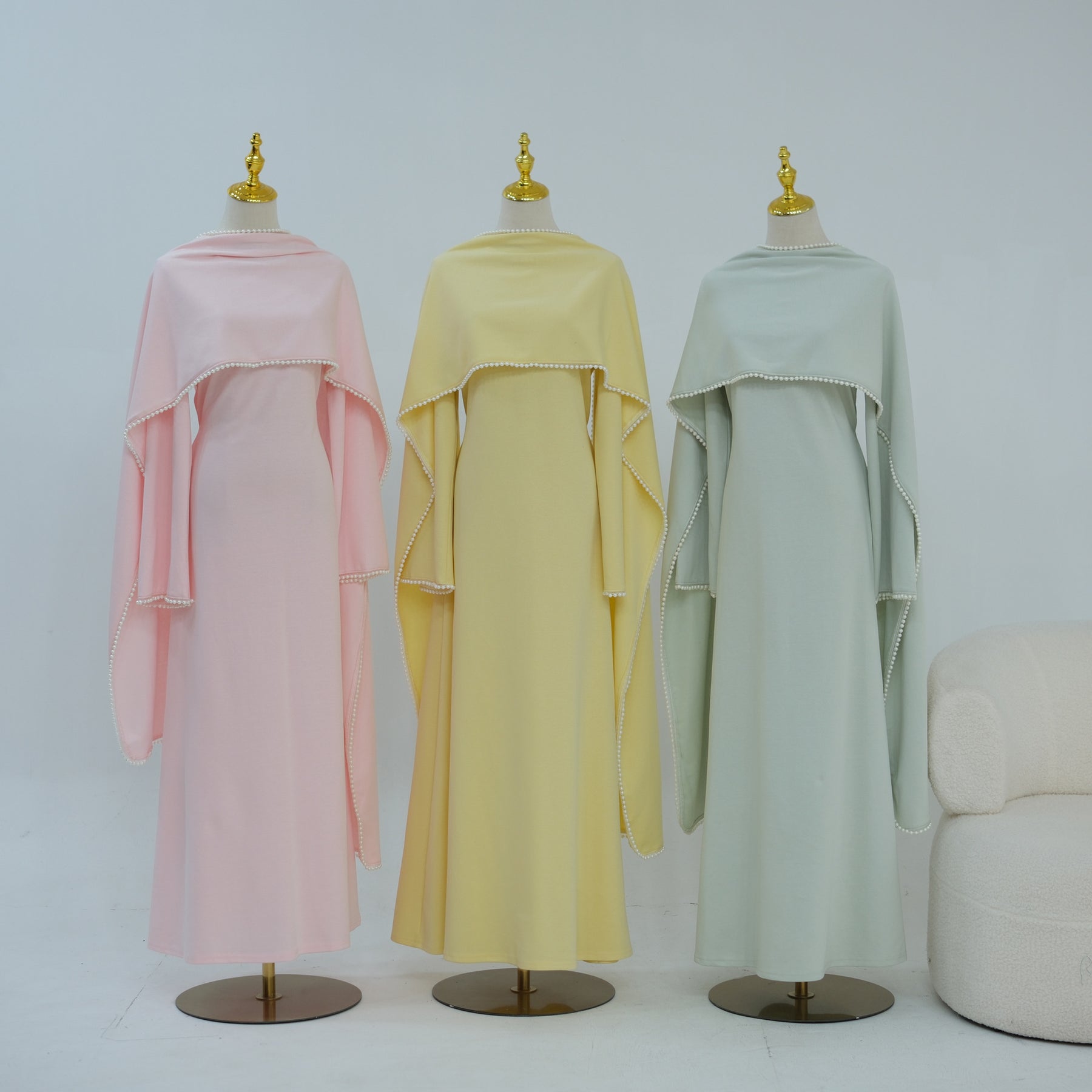 LR1167  Plain Scuba Beaded Shawl + Long Sleeve Dress Set