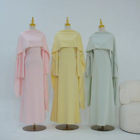 LR1167  Plain Scuba Beaded Shawl + Long Sleeve Dress Set