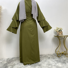 9073 plain Multi-layer stack sleeves abaya dress