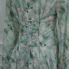 LR1373  Elegant Floral Center Print Double-Layer Polyester Tie Waist Dress
