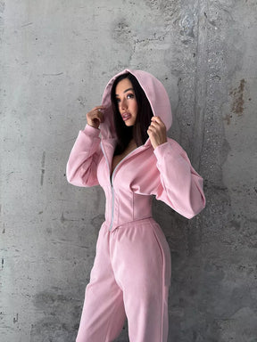 C56105  Autumn Winter Women Plain Drawstring Hooded Sweatsuit Abaya 2-Piece Set