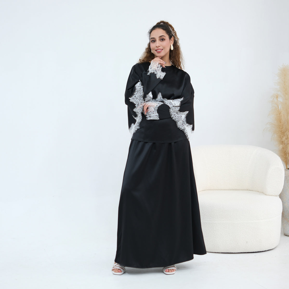 LR1178  Lace-Trim Polyester Top with Shawl & Skirt Set - Sold Separately