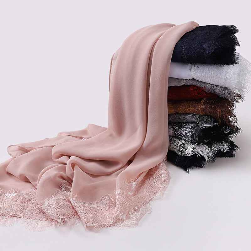 MSL234   Pearl Chiffon Hijab Fashionably Embellished with Eyelash Lace
