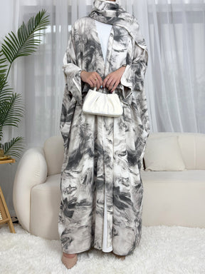 SMWT  Ink-Wash Print Batwing Cardigan + Hijab Set