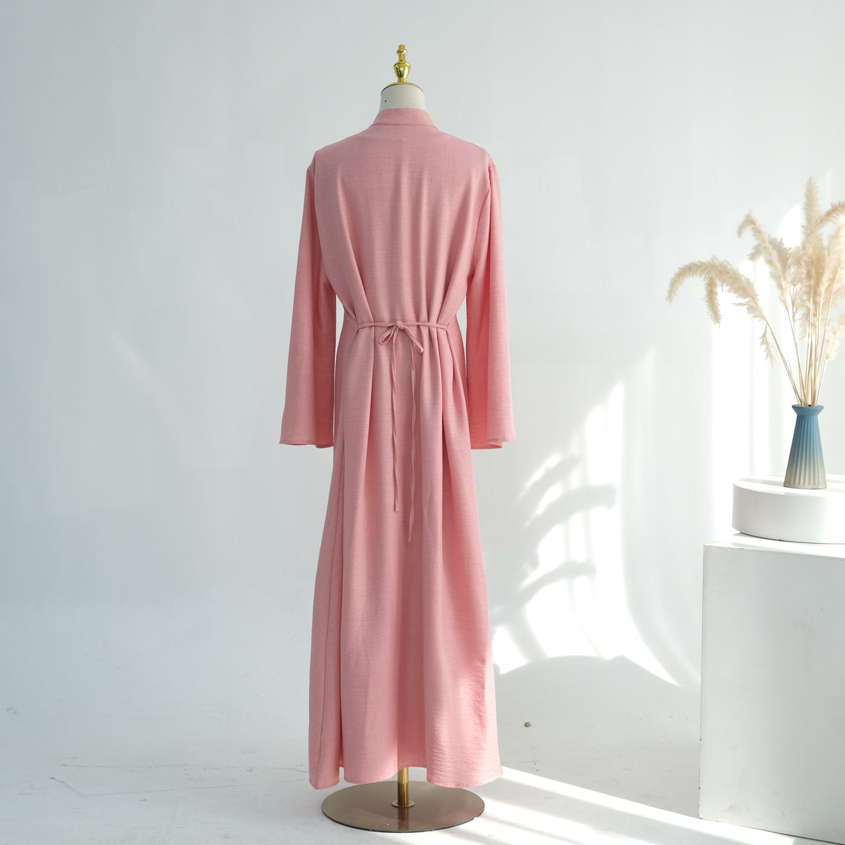 LR1124  Plain Solid Polyester Tie-Front Open Abaya Cardigan + Inner 2-Piece Set