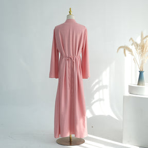 LR1124  Plain Solid Polyester Tie-Front Open Abaya Cardigan + Inner 2-Piece Set