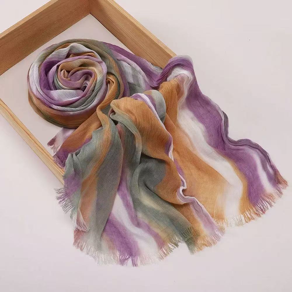 SS007  Gradient Rainbow Collection Short Tassel Crinkled Hijab