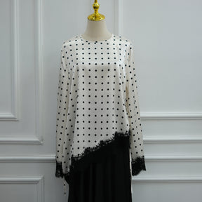 LR1357&LR1185  Lace Panel Polka Dot Polyester Top + Skirt Set