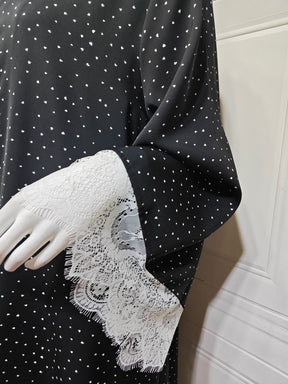 MQ259  Lace Trim Polka Dot Print Abaya Cardigan with Hijab Set