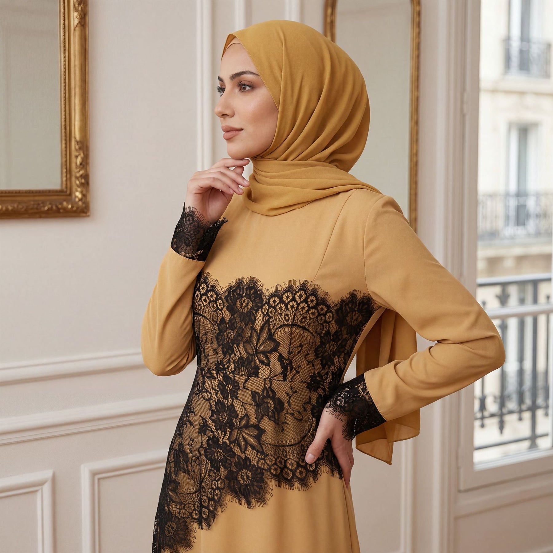 LR1174  Plus size lace panel long sleeve waist-cinching dress