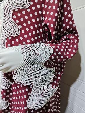 MQ297  Red Polka Dot Chiffon Wavy Lace Cardigan + Hijab Set