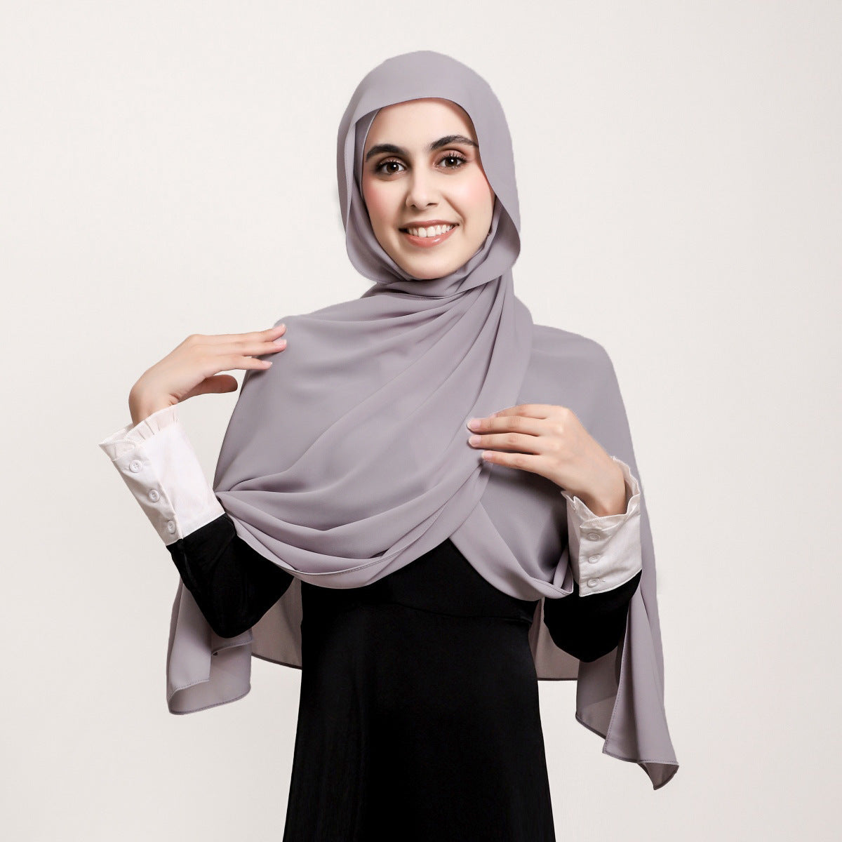 YZ316  Plain Silky Thick Chiffon Hijab with Built-in Magnetic Buckle and Matching Undercap