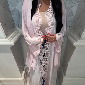 MQ255  Elegant Lace Trim Long Dress Cardigan