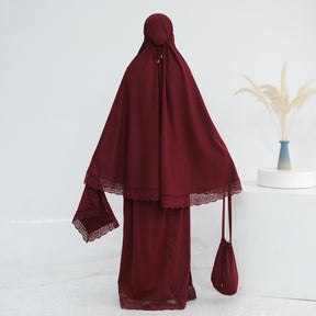 LR957  4-Piece Prayer Mat Storage Bag Lace Hijab & Skirt Set