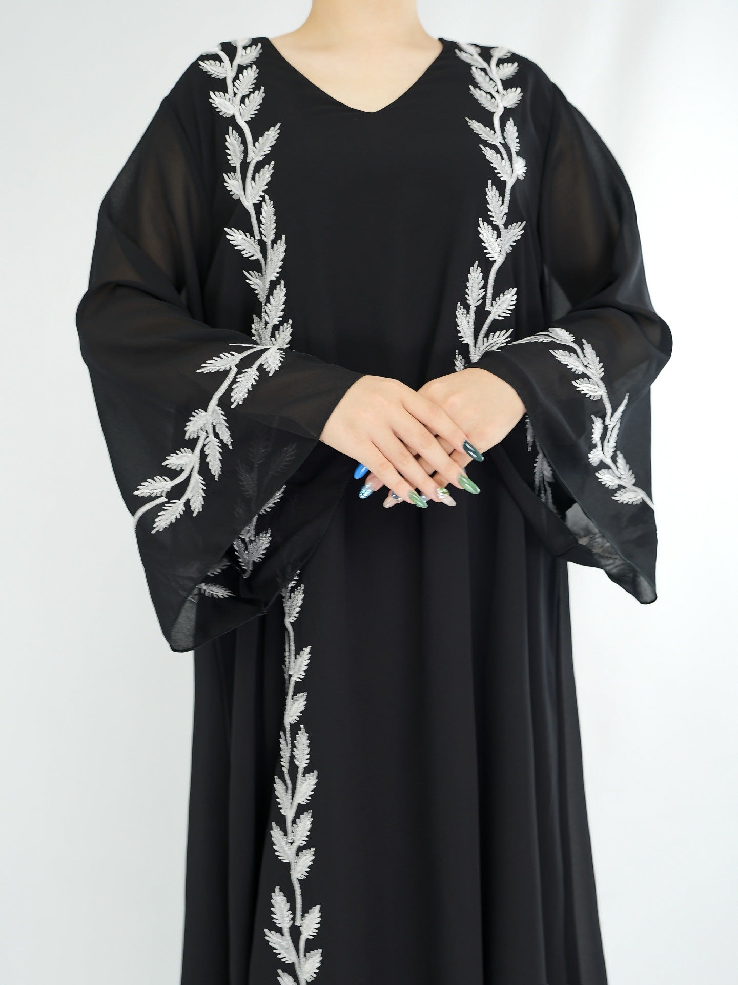 YM01  Chiffon Pink Round Neck Plant Embroidery Dress（abaya+hijab）